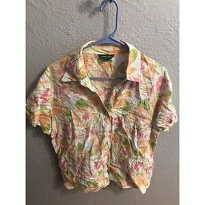Lands End Womens  Floral Linen Shirt Short Sleeves Size 16
